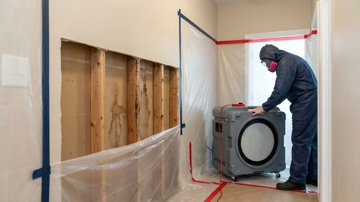 Technician with an air scrubber inside a plastic sheeting containment area
