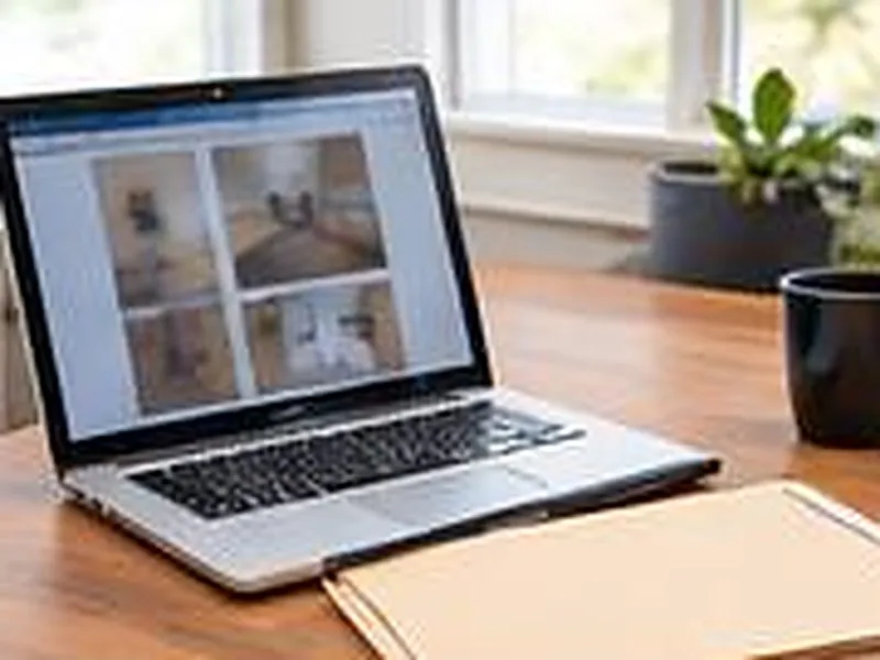 Laptop with damage photos beside an insurance folder