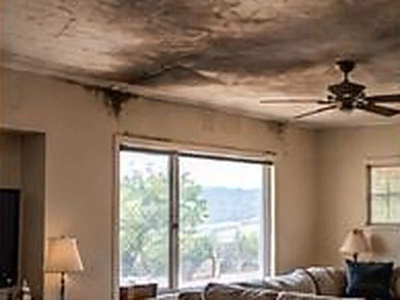 Soot stained ceiling and walls in a living room after a house fire